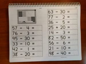 Sample subtraction worksheet from Worksheets for the AL Abacus